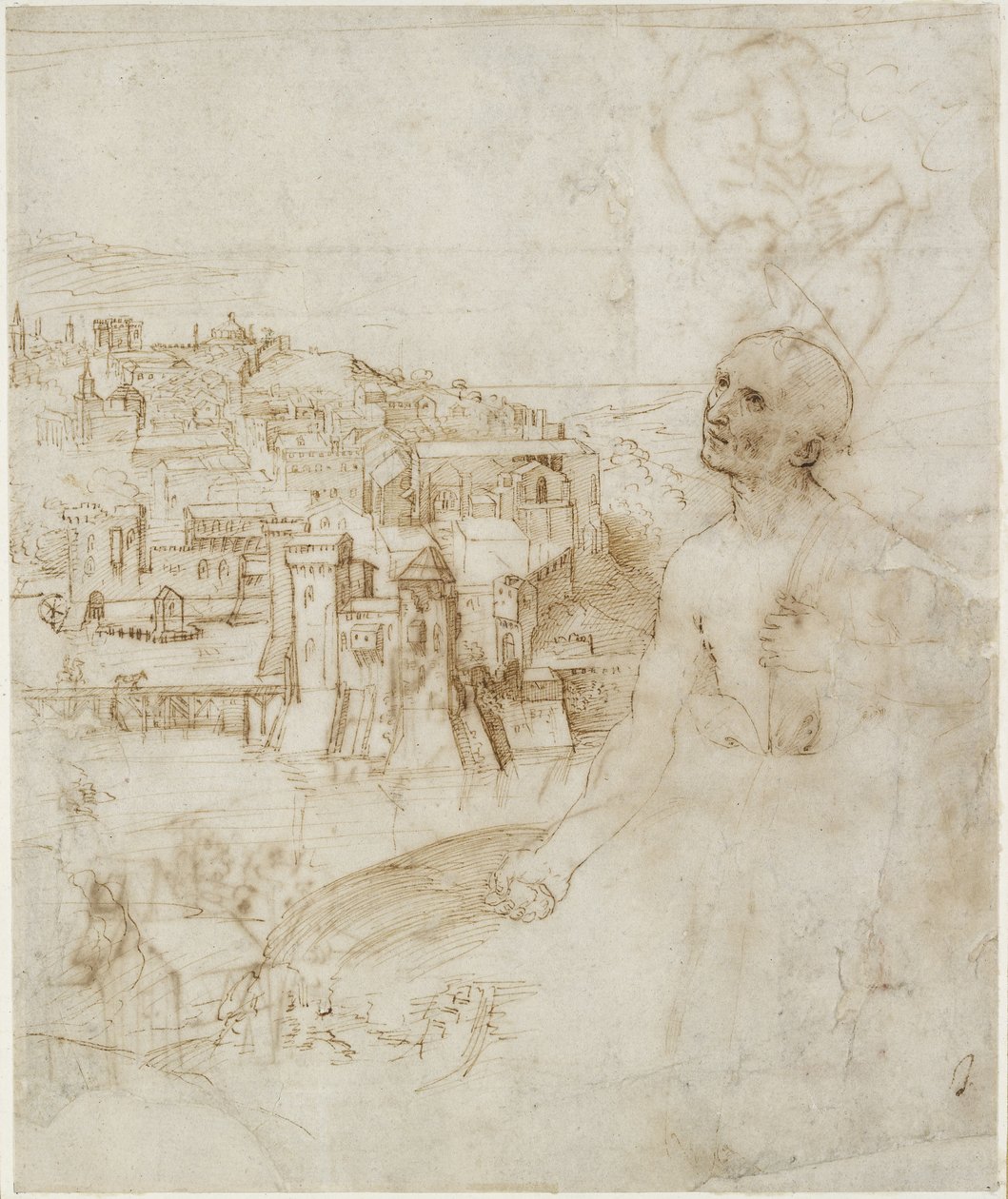 Recto：佩鲁贾市的景色，前景是Penitent St Jerome，WA1846.10 作者 拉斐尔（Raffaello Sanzio Raphael）