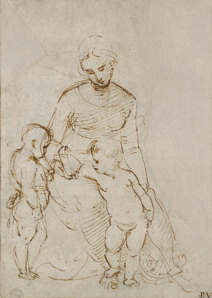 与圣约翰的圣母子女（白纸上的钢笔和棕色墨水） 作者 拉斐尔（Raffaello Sanzio Raphael）