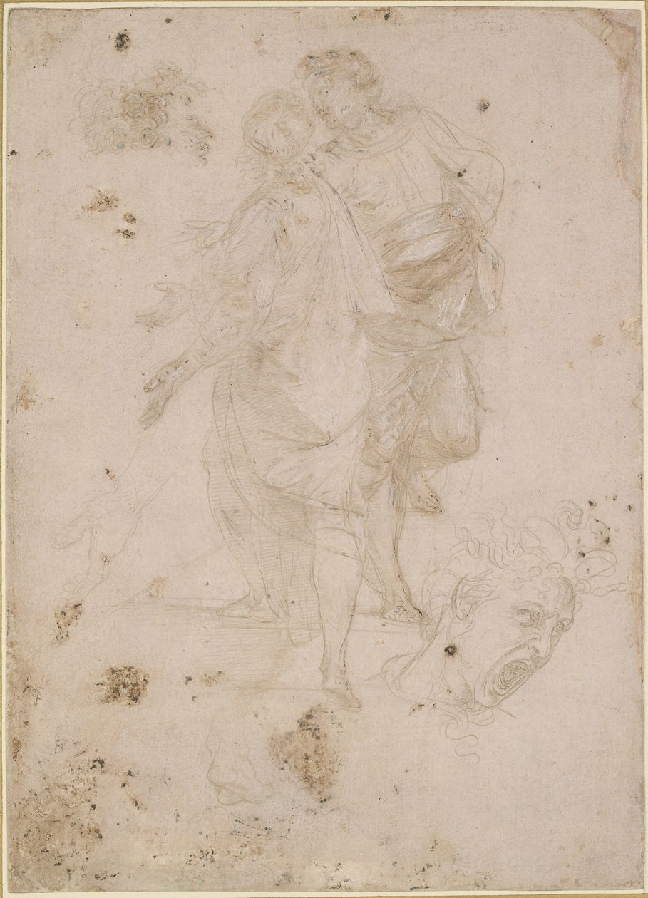 两名男子在一段台阶上交谈，还有一个脑袋大喊，WA1846.191 作者 拉斐尔（Raffaello Sanzio Raphael）