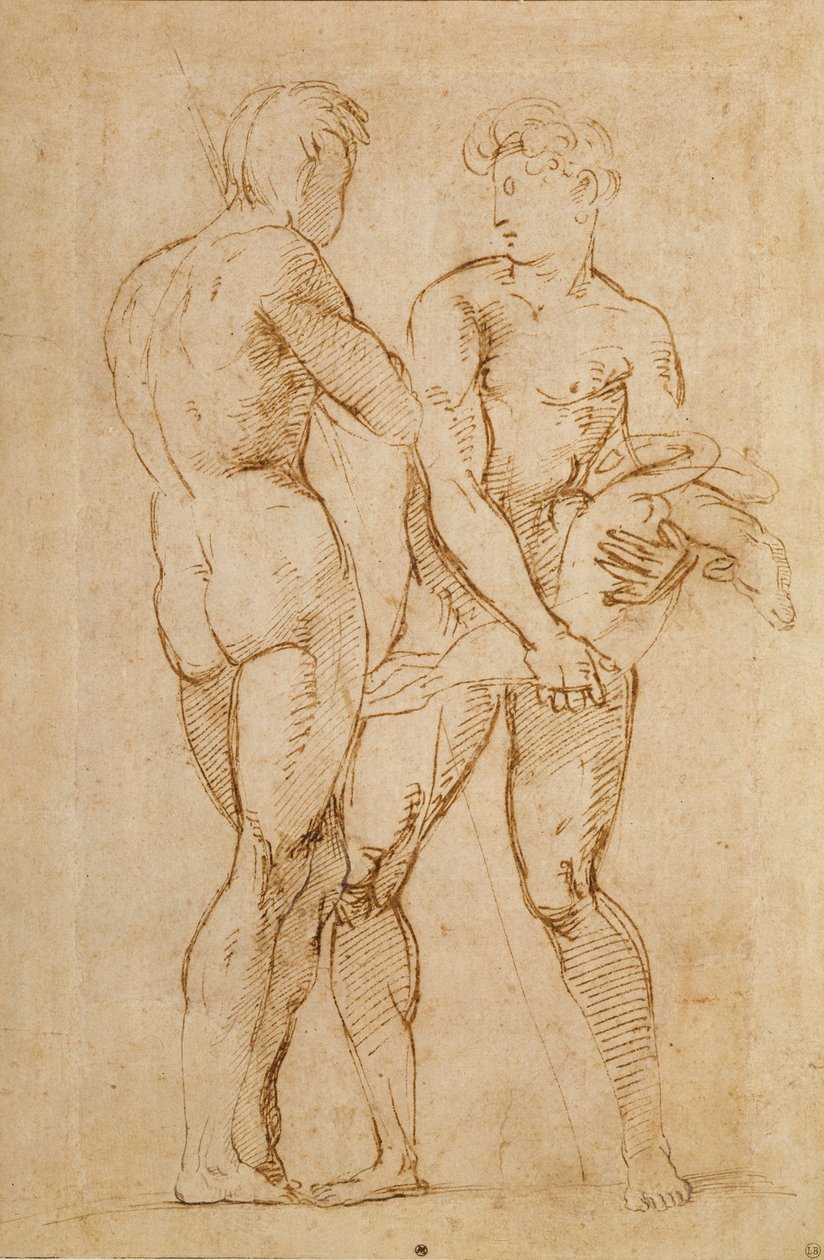 两个裸体男人站着，一个抱着一只小羊羔 作者 拉斐尔（Raffaello Sanzio Raphael）