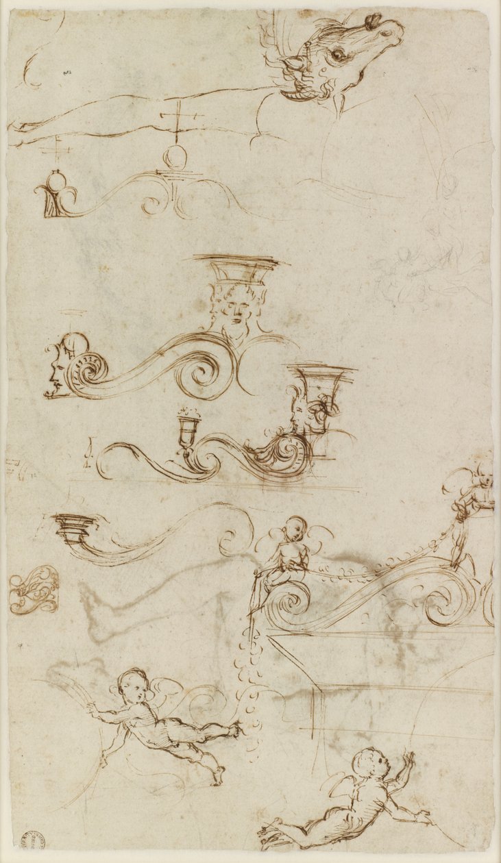 Verso：主要研究装饰细节的研究表，WA1846.147 作者 拉斐尔（Raffaello Sanzio Raphael）