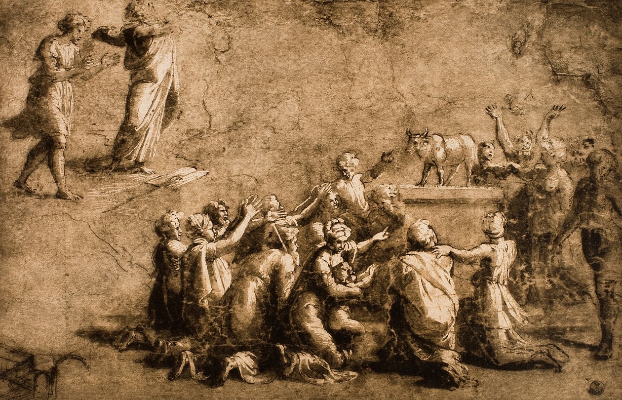对金牛犊或摩西的崇拜打破了法律的表格;拉斐尔画的。 Gabinetto dei Disegni e delle Stampe，乌菲齐画廊，佛罗伦萨 作者 拉斐尔（Raffaello Sanzio Raphael）