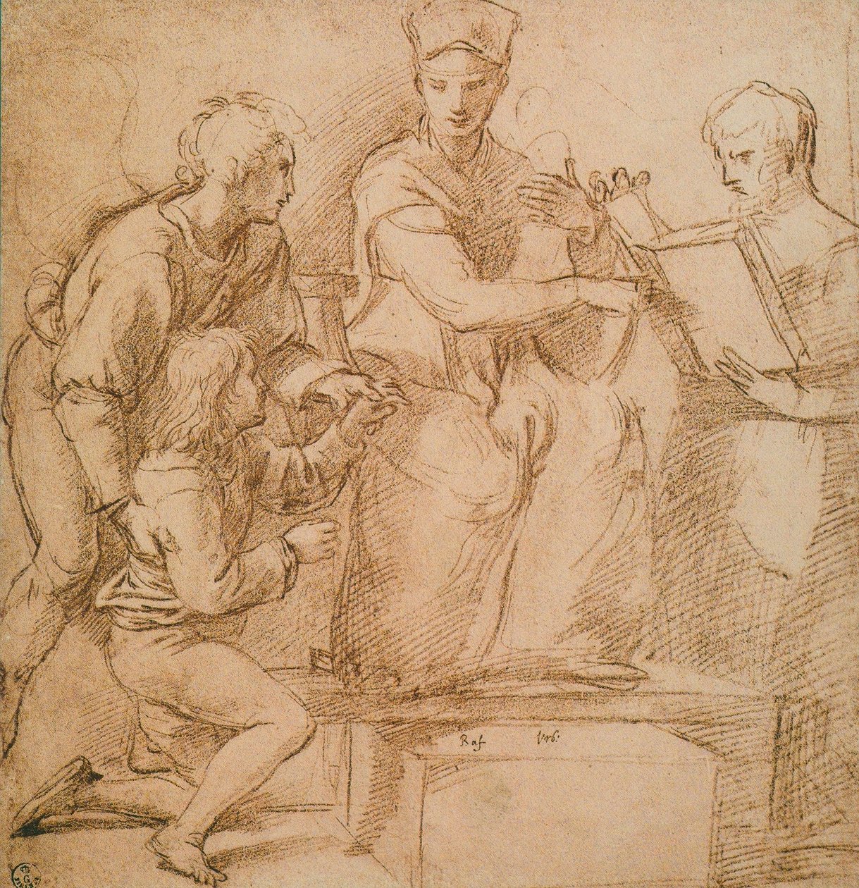 四个人物（麦当娜和孩子？），拉斐尔绘画。内阁图纸和版画，乌菲齐画廊，佛罗伦萨 作者 拉斐尔（Raffaello Sanzio Raphael）