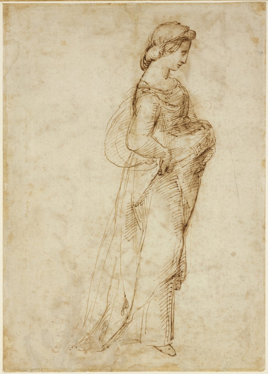 Recto：向右走的女性形象，WA1846.169（笔和棕色墨水在导线上） 作者 拉斐尔（Raffaello Sanzio Raphael）