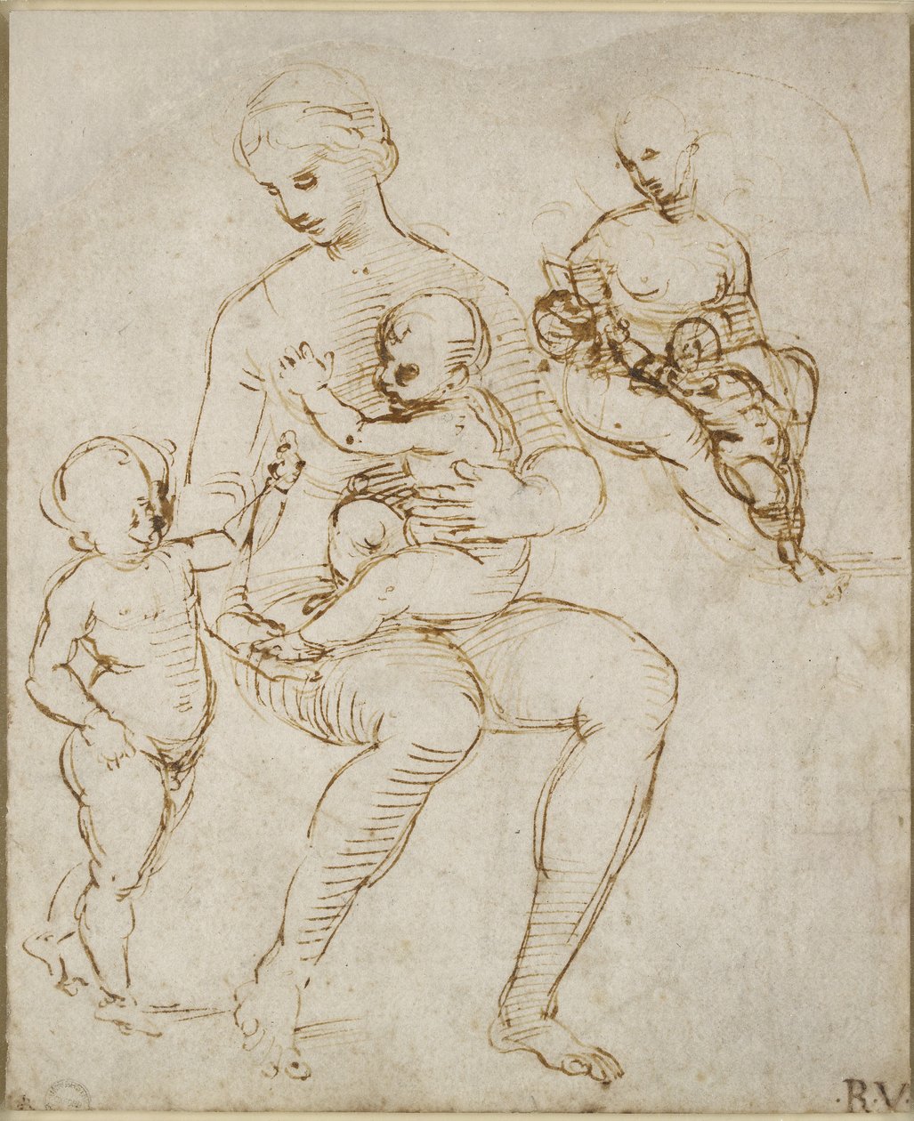 Recto：圣约翰（Madonna del Cardellino）的圣母子女两项研究，WA1846.159（笔和棕色墨水在一些盲笔上） 作者 拉斐尔（Raffaello Sanzio Raphael）