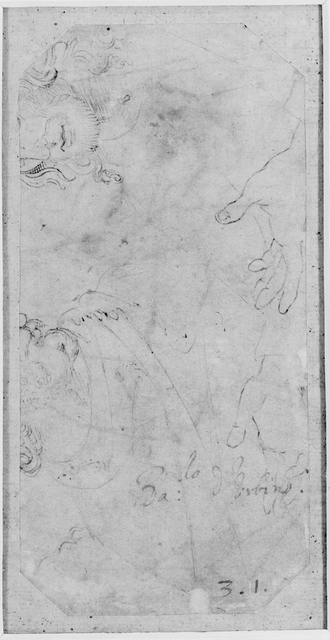 Verso：两个男性头像和一双手的草图，WA1846.167（白纸上的笔和棕色墨水） 作者 拉斐尔（Raffaello Sanzio Raphael）