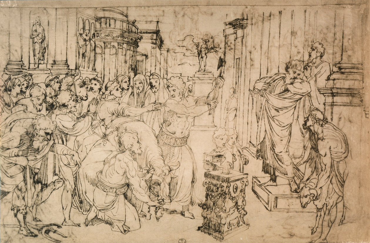公牛的牺牲，来自拉斐尔学院。内阁图纸和版画，乌菲齐画廊，佛罗伦萨 作者 拉斐尔学校