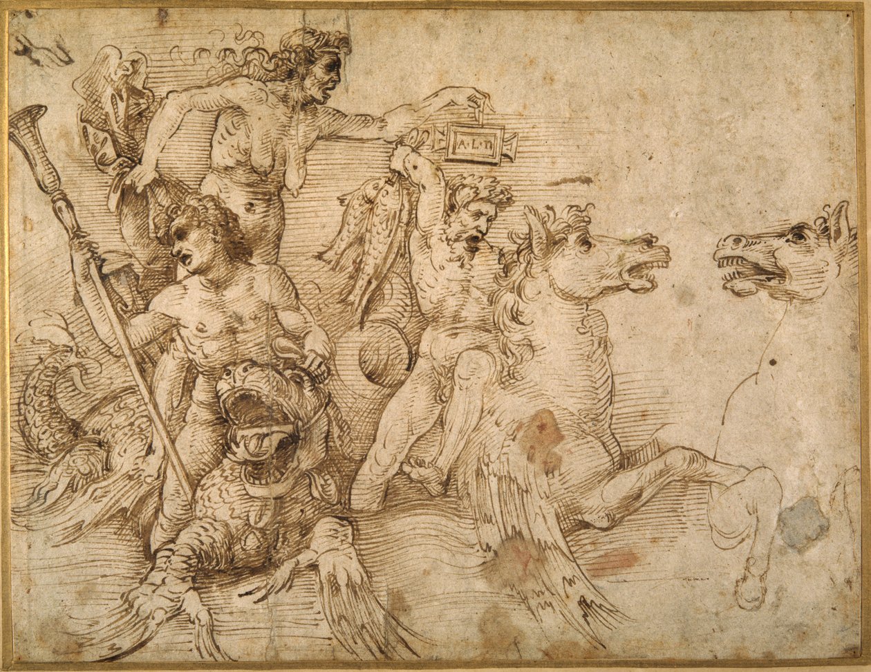 海龙之战，仿照Anrea Mantegna（白纸上的钢笔和棕色墨水）。 作者 拉斐尔