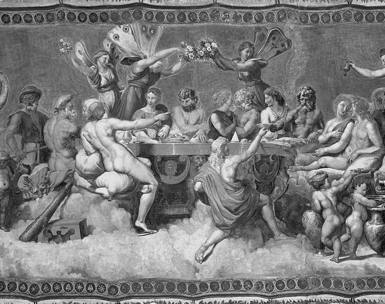 众神的宴会，丘比特和赛琪求爱和结婚的天花板画（壁画）（黑白照片）（57688的细节）。 作者 在拉斐尔之后