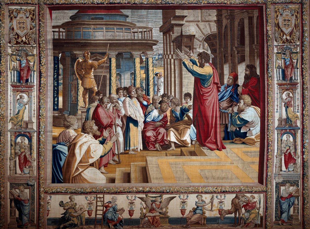 使徒圣保罗在拉斐尔·桑齐奥·拉斐尔（Raffaello Sanzio dit Raphael，1483-1520 年）在 16 世纪初的纸板上作画后，在 Athenes Tapestry 的空中布道。 4,95x6,45 m Mantua, ducal palazzo (Mantua) 作者 在拉斐尔之后