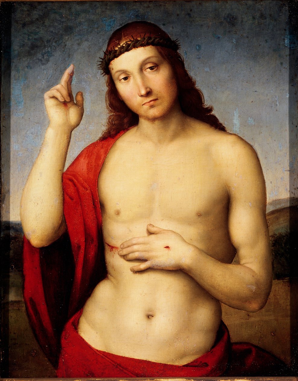 拉斐尔(Raffaello Sanzio dit Raphael)(1483-1520)的基督坐凳画作 1506年太阳。30x25厘米 布雷西亚，Tosio Martinengo艺术馆 作者 拉斐尔
