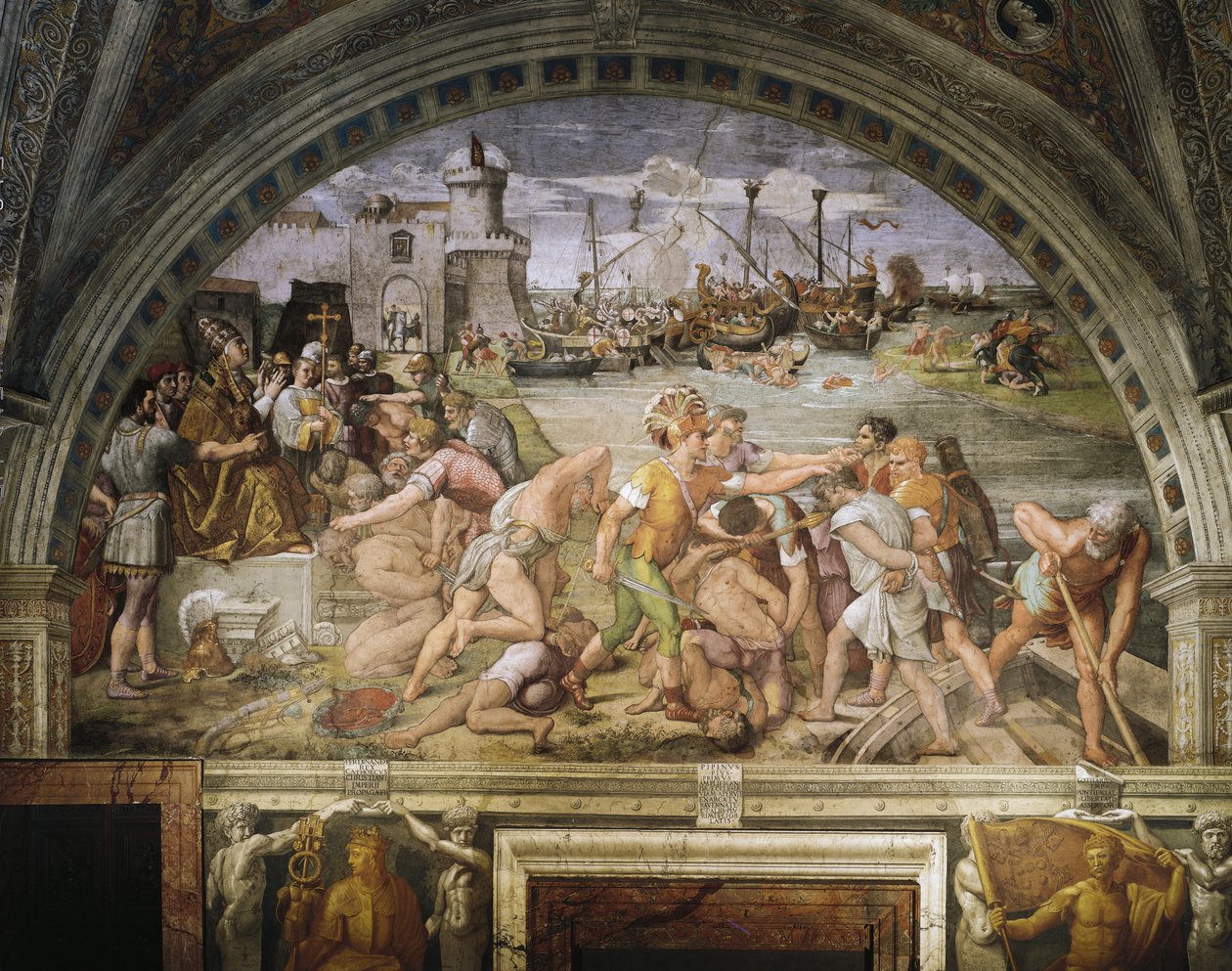 Fanlight，由 Raffaello Sanzio（1483-1520）和追随者绘制，描绘了奥斯蒂亚之战，Stanza dell