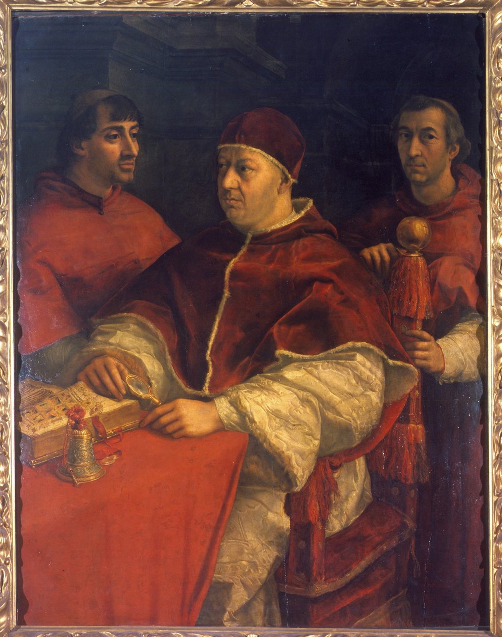 教皇利奥十世（1475-1521）的肖像，他是洛朗-德-美第奇（1449-1492）（Laurent the Magnificent: Lorenzo il Magnifico）的儿子，身边有红衣主教路易吉-德-罗西和朱利奥-德-美第奇。拉斐尔（Raffaello Sanzio 1483 - 1520）的绘画。16世纪。乌菲 作者 拉斐尔
