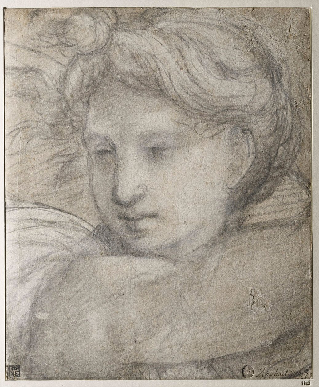 Raffaello Sanzio - 拉斐尔（1483-1520）的天使头像，约1520年 - 纸上黑白粉笔，30,8x25,4 - Szepmuveszeti Muzeum, Budapest 作者 拉斐尔