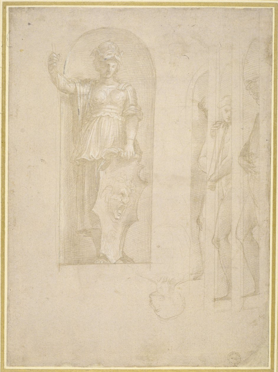 Studies for a Figure of Minerva and other Statues (silverpoint with white heightening on paper) 作者 拉斐尔