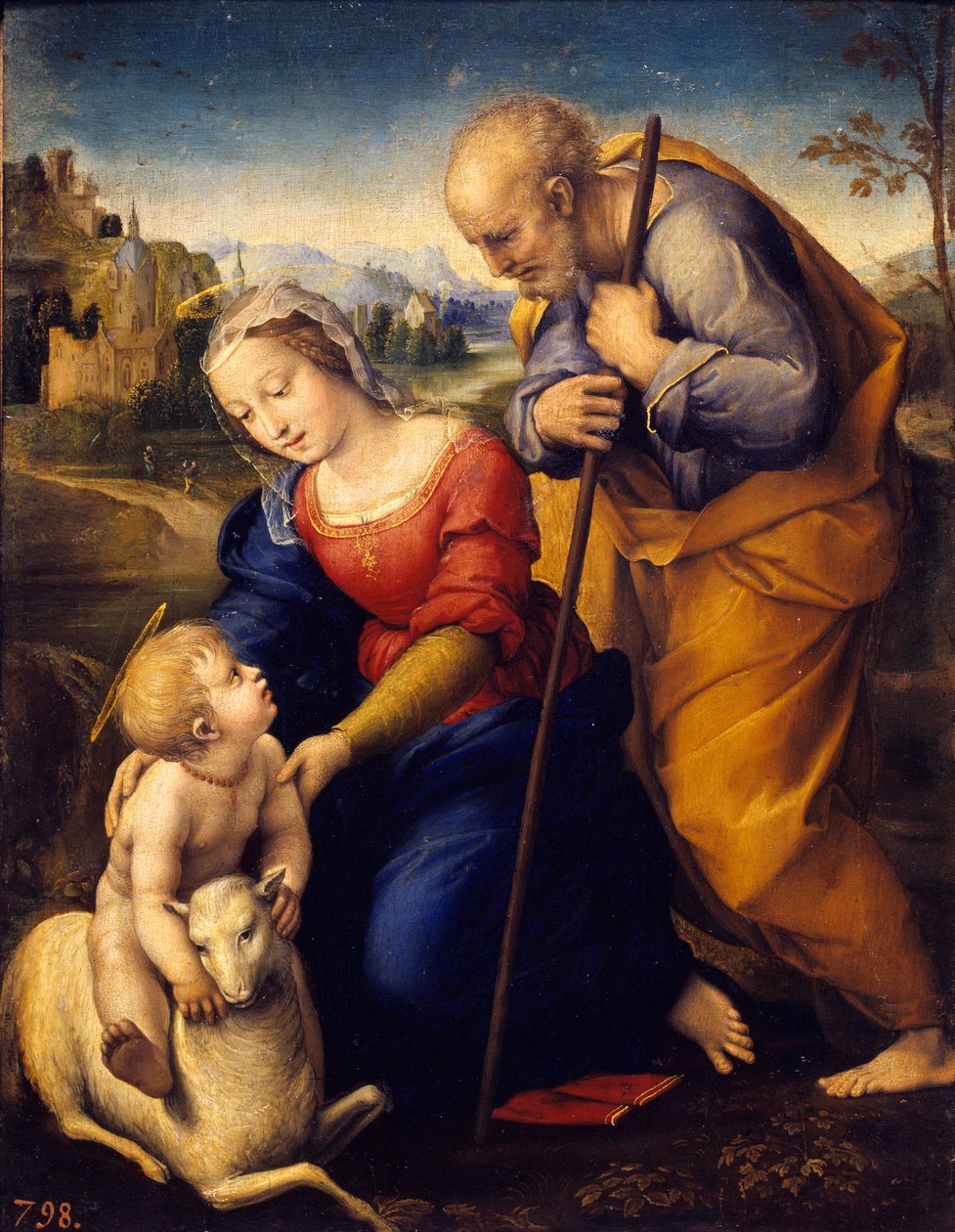 圣家有羔羊。 Raffaello Sanzio dit Raphael (1483-1520) 的绘画 作者 拉斐尔