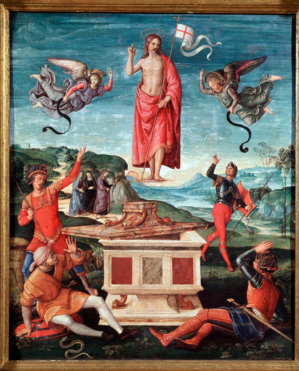 复活 (The resurrection of Christ) 耶稣基督有一个十字架，在十字架的末端漂浮着一面带有红十字的白旗（标准）罢工 - Raffaello Sanzio dit Raphael (1483-1520) 1501-1502 Dim 52x44 cm Sao 保罗，艺术博物馆 作者 拉斐尔