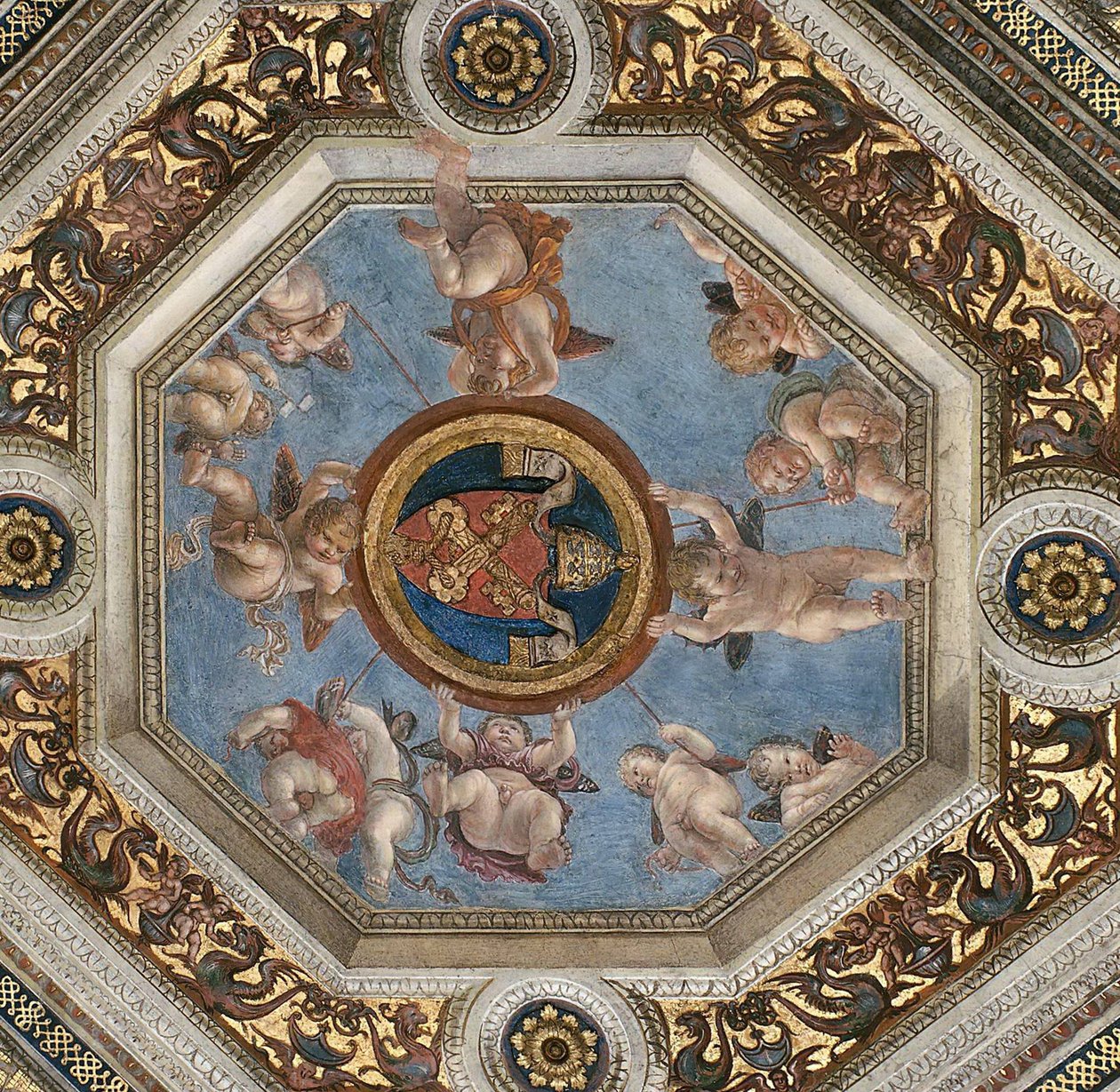 天花板。在Stanza della Segnatura的壁画，约1510-1511。 作者 拉斐尔