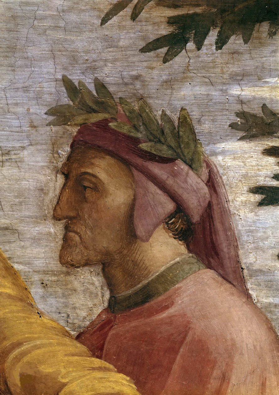 争议。细节：但丁-阿利吉耶里（Dante Alighieri）的壁画在Stanza della Segnatura，约1510-1511。 作者 拉斐尔
