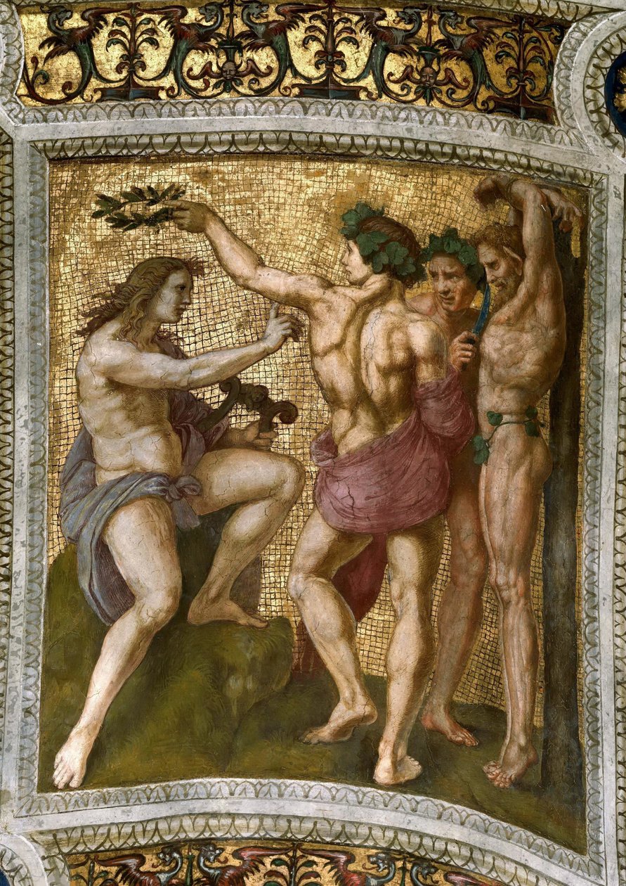 马西亚斯和阿波罗。在Stanza della Segnatura的天花板壁画，约1510-1511。 作者 拉斐尔