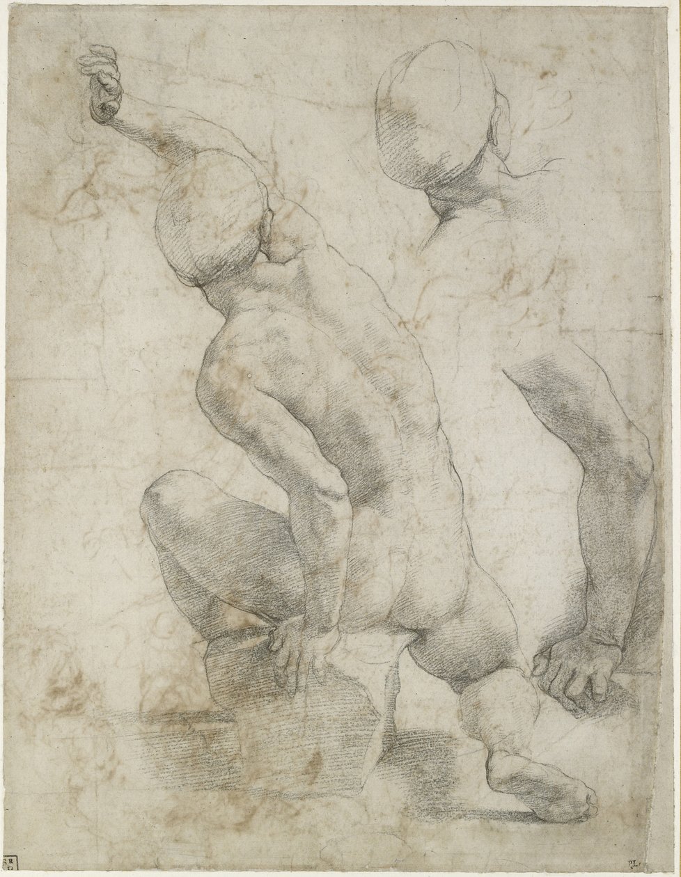 Recto：裸体男子坐在石头上，WA1846.200（黑白粉笔在白纸上） 作者 拉斐尔（Raffaello Sanzio Raphael）