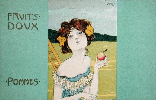 苹果，甜美的水果"，明信片，约1900年（平印）。 作者 拉斐尔·基希纳（Raphael Kirchner）