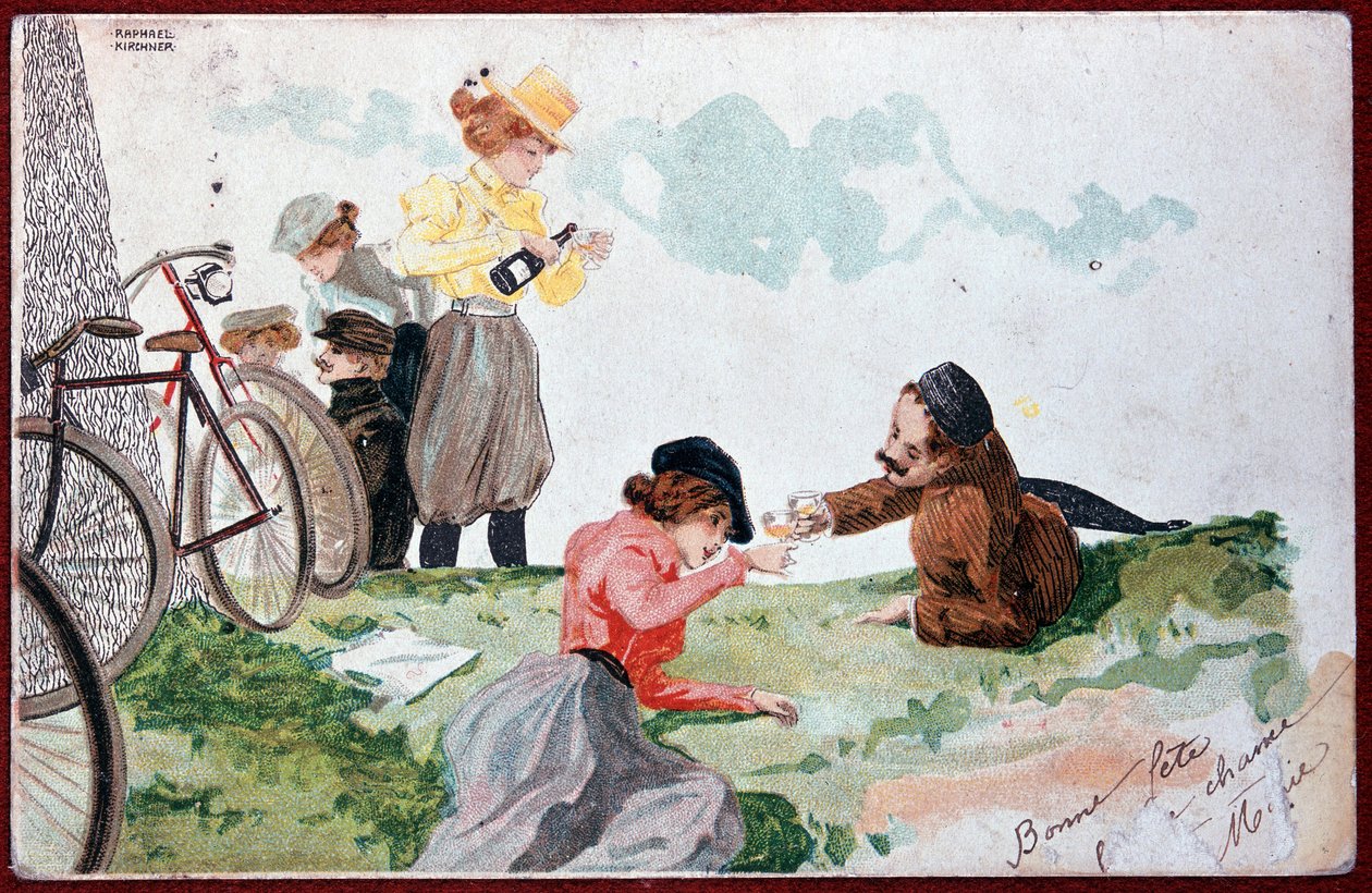 乡村派对：野餐和骑自行车 - R. Kirchner 的插图，v.1900 作者 拉斐尔·基希纳（Raphael Kirchner）