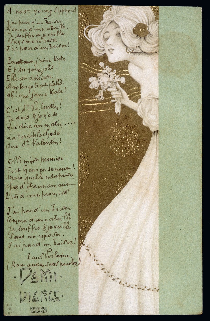 Paul Verlaine 的半处女和诗歌 - 明信片，Raphael Kirchner（1876-1917），二十世纪初 作者 拉斐尔·基希纳（Raphael Kirchner）