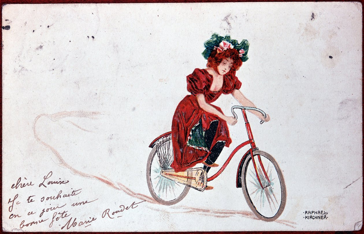 骑自行车的女人的明信片 - R. Kirchner 的插图，1900 年 作者 拉斐尔·基希纳（Raphael Kirchner）