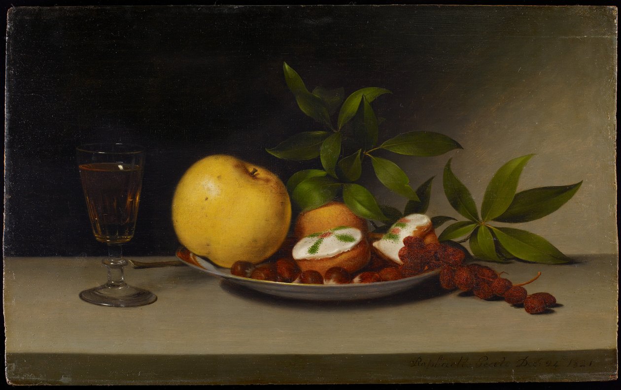 静物与水果，蛋糕和葡萄酒，1821年 作者 拉斐尔·皮尔（Raphaelle Peale）