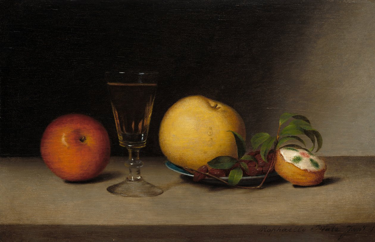 苹果、雪利酒和茶饼的静物画，1822年。 作者 拉斐尔·皮尔（Raphaelle Peale）