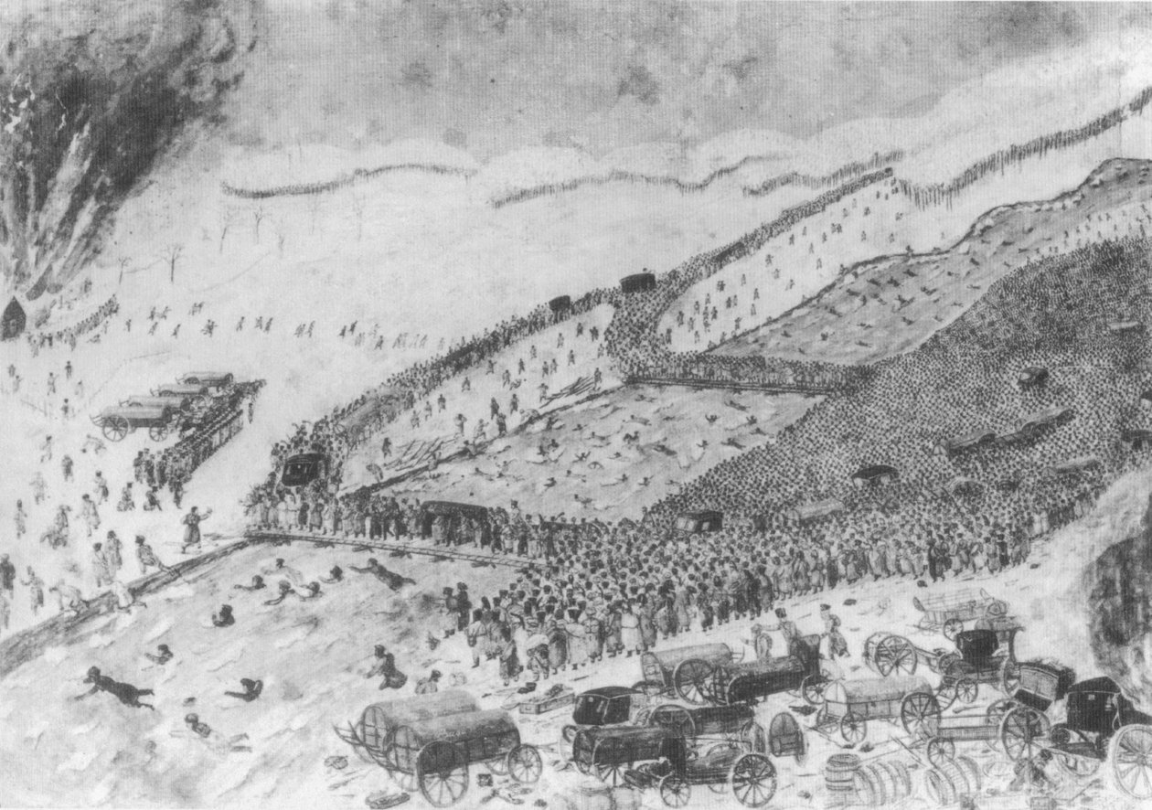 Berezina的通道，1812年11月26日。艺术家当时还不是。参见本书：中尉Swidy的计划。在两座桥的尽头，Grande Armee穿过堤防的沼泽地。部队完全代表 作者 雷蒙德·弗尼尔·萨洛维兹