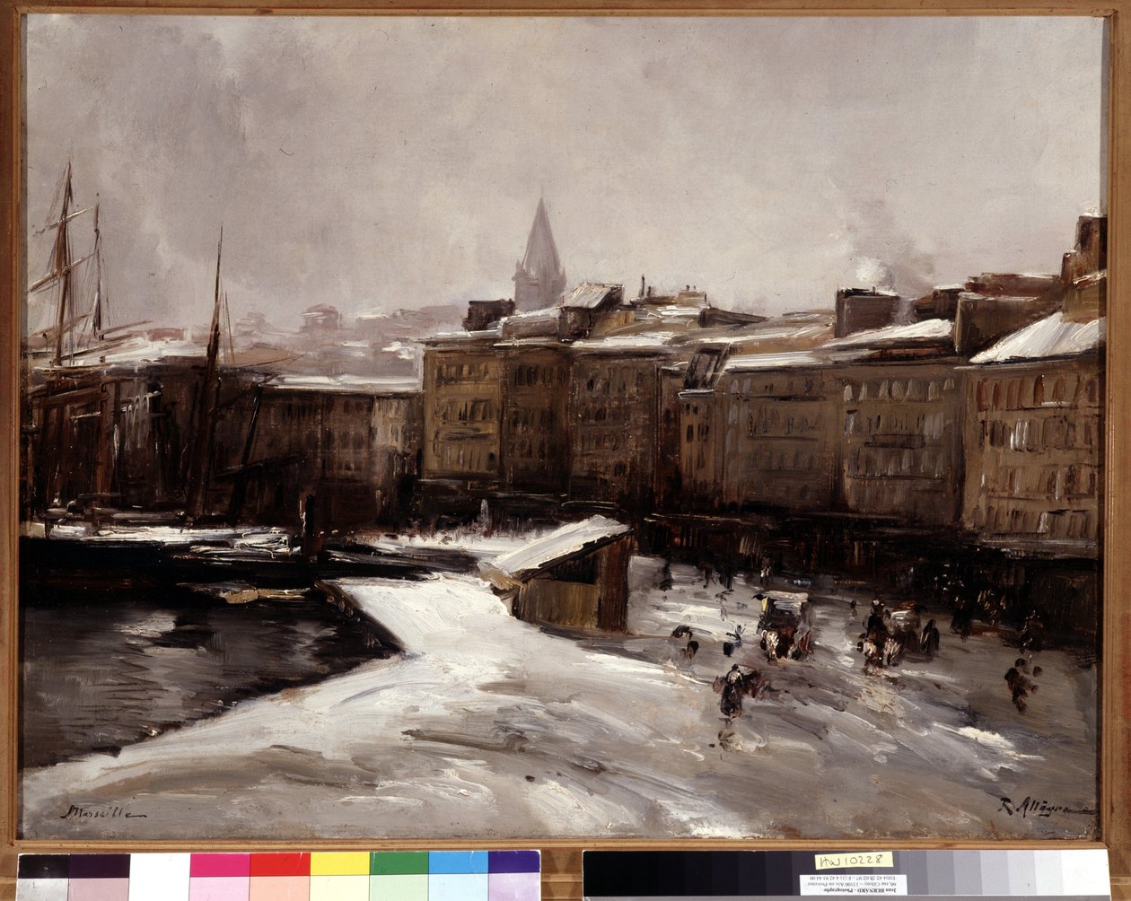雪下的马赛港口码头 雷蒙-阿莱格尔（1857-1933 年）的画作 尺寸：56x74 厘米尺寸：56x74 厘米必须注明：马赛普罗旺斯问候基金会收藏 作者 雷蒙德·阿勒格里（Raymond Allegre）