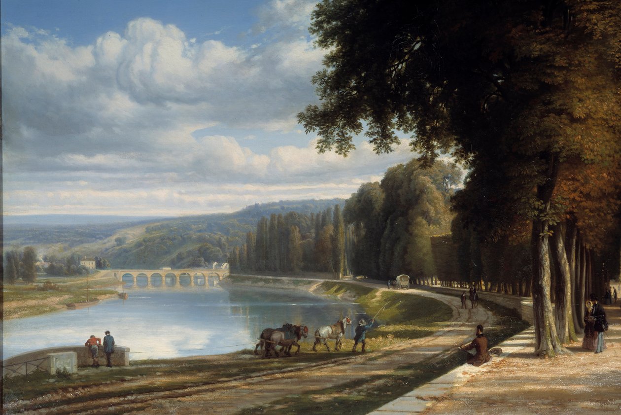 步行前往塞纳河畔的圣克劳德公园（Parc de Saint Cloud）的细节，马匹在拖道上奔跑。雷蒙德-埃斯布拉特（1809-1856 年）1850 年罗阿纳作品。约瑟夫-德谢莱特博物馆 作者 雷蒙德·埃斯布拉特