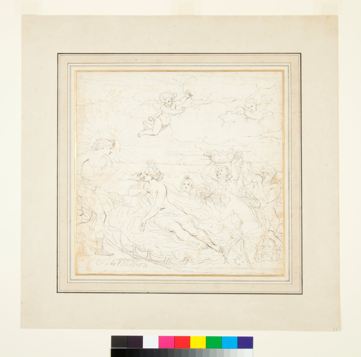 阿波罗（Apollo），两性石（Amphitrite）和海洋神灵（Marine Destins）提供产品（黑色粉笔上的钢笔和棕色墨水） 作者 雷蒙德·拉法奇