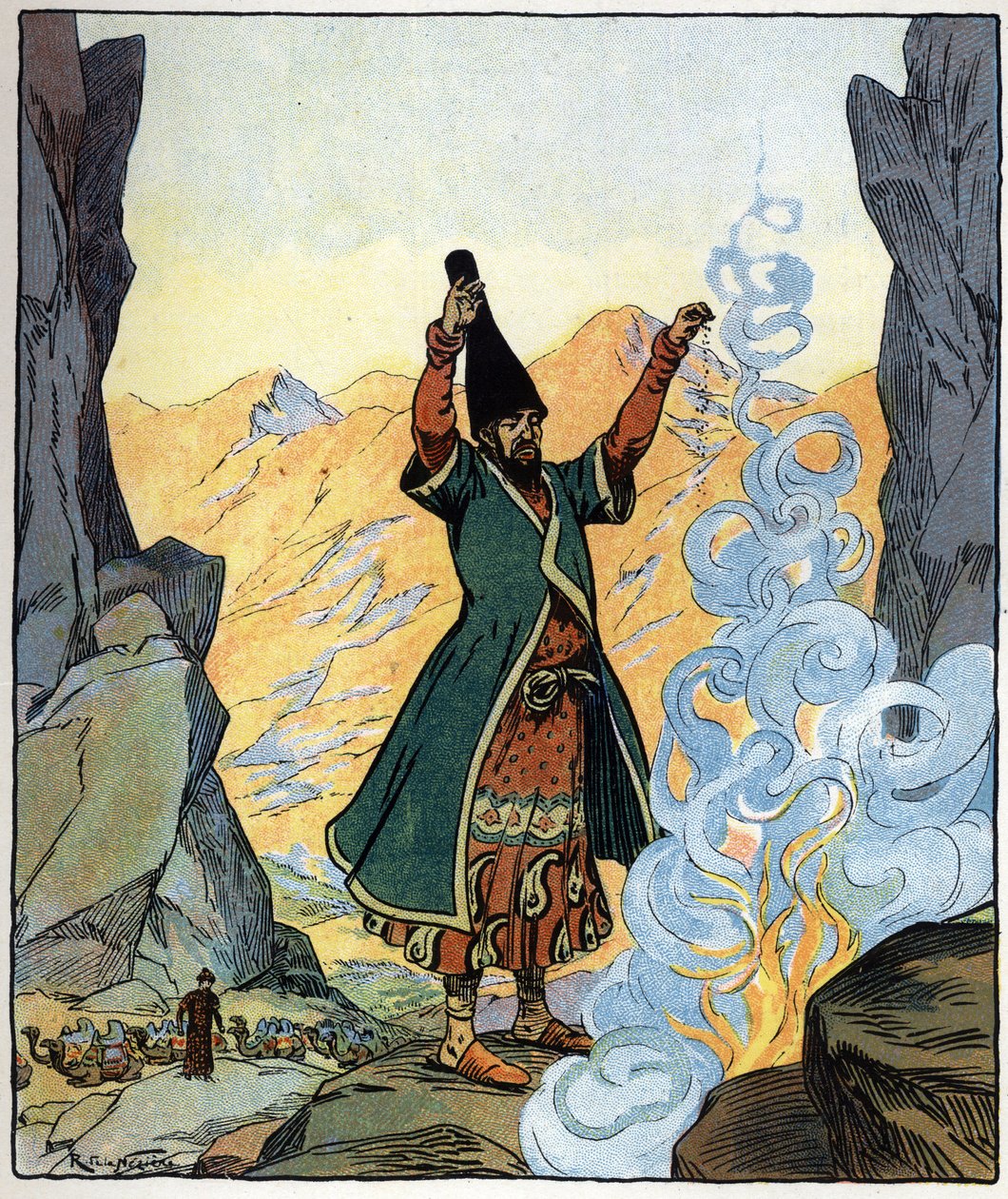 苦行僧点火洒水：《一千零一夜》中 "阿拉丁或奇妙的灯 "故事的插图 作者 雷蒙德·德拉内齐埃