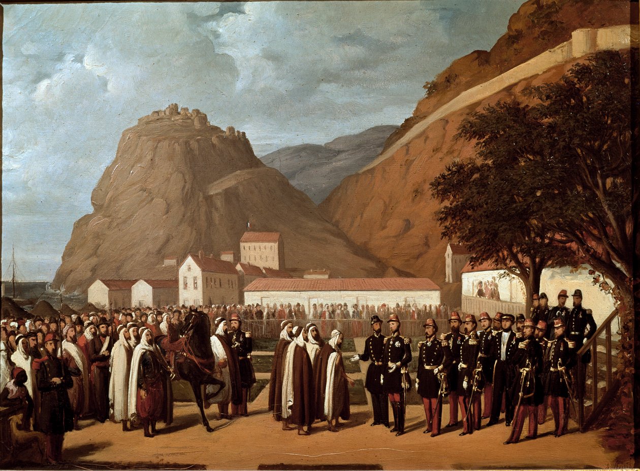 征服阿尔及利亚（1830-1847 年）：阿卜杜勒·卡德尔（Abd-el-Kader 或 ibn Muhyi al-Din al-Hasani）（al Din al-Hasani）（1808-1883 年）向奥马勒公爵和法国人屈服 1847 年 12 月 24 日的军队 - Regis Augustin (1813-1880) 的绘画，十九世纪肌肉 作者 瑞吉奥古斯丁