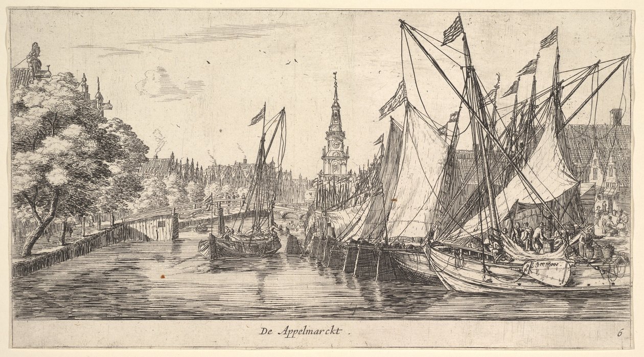 De Appelmarckt苹果市场，摘自阿姆斯特丹的风景，板6，约。 165962。 作者 雷尼尔·塞曼