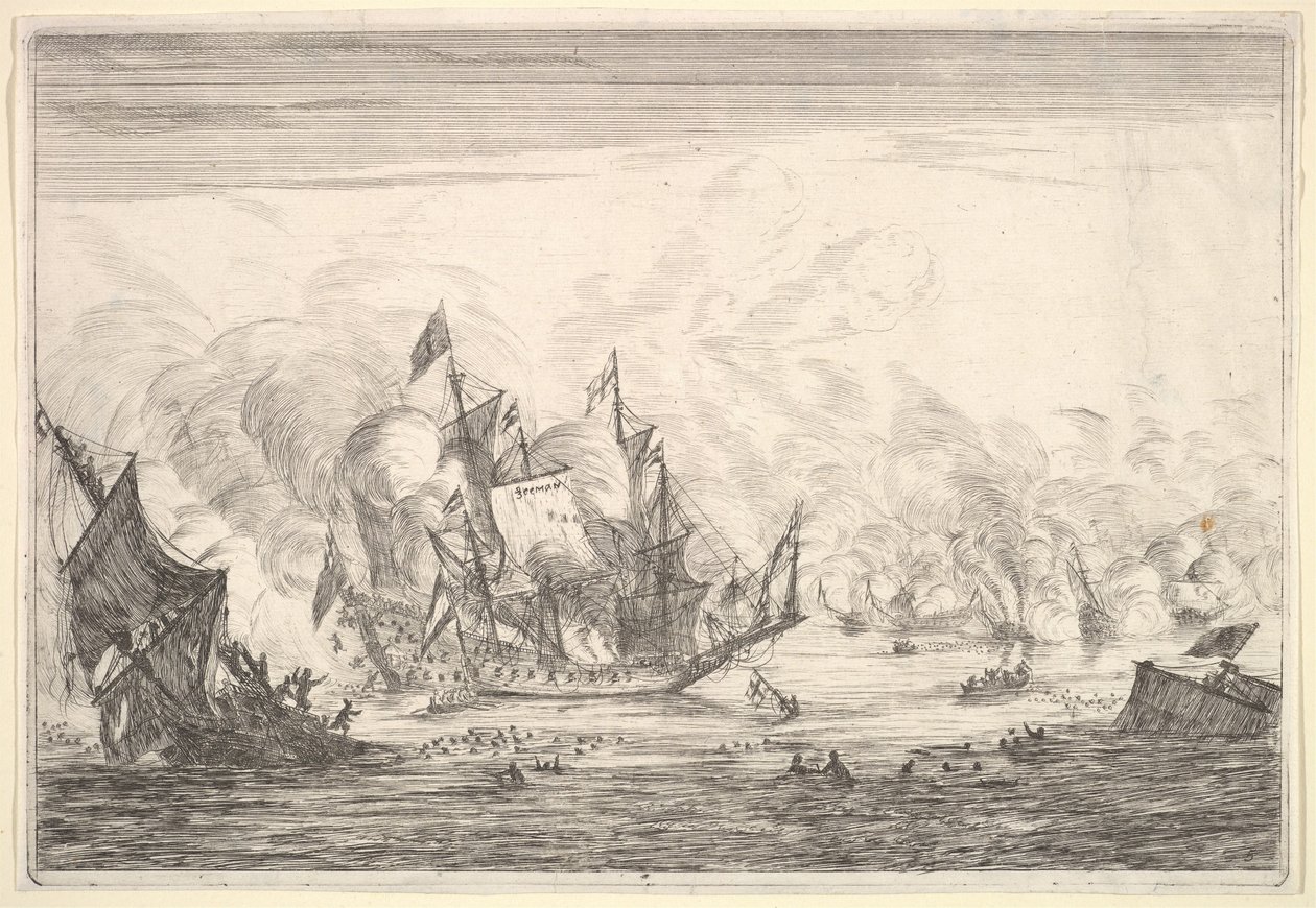 海军战斗与左边的英国舰船奠基人，来自纽埃海峡海军战役，1652-54年。 作者 雷尼尔·塞曼
