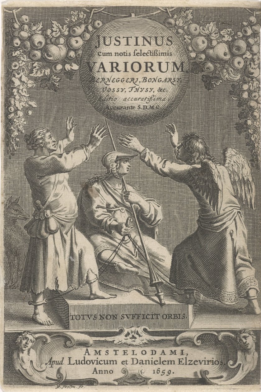密涅瓦和两条锁链
扉页：A. Thysius, Justinus cum notis selectissimis variorum Berneggerj, Bongarsy, Vossy, Thysy, &c, 1659年 作者 雷尼尔·范·佩西恩