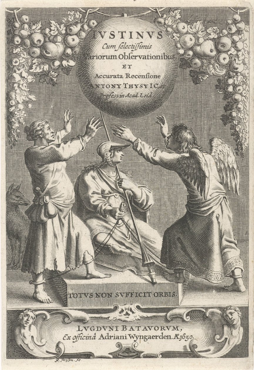 密涅瓦和两条锁链
扉页：A. Thysius, Justinus cum selectissimis variorum observationibus et accurata recensione, 1650 作者 雷尼尔·范·佩西恩