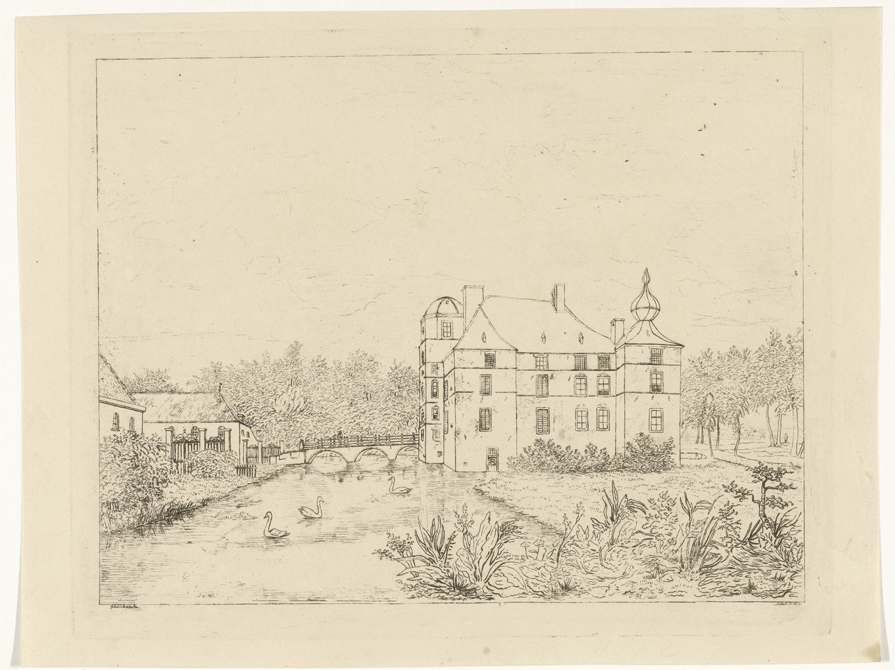 坎南伯奇堡侧视图，入口桥附近有房屋 作者 Reinierus Albertus Ludovicus baron van Isendoorn à Blois