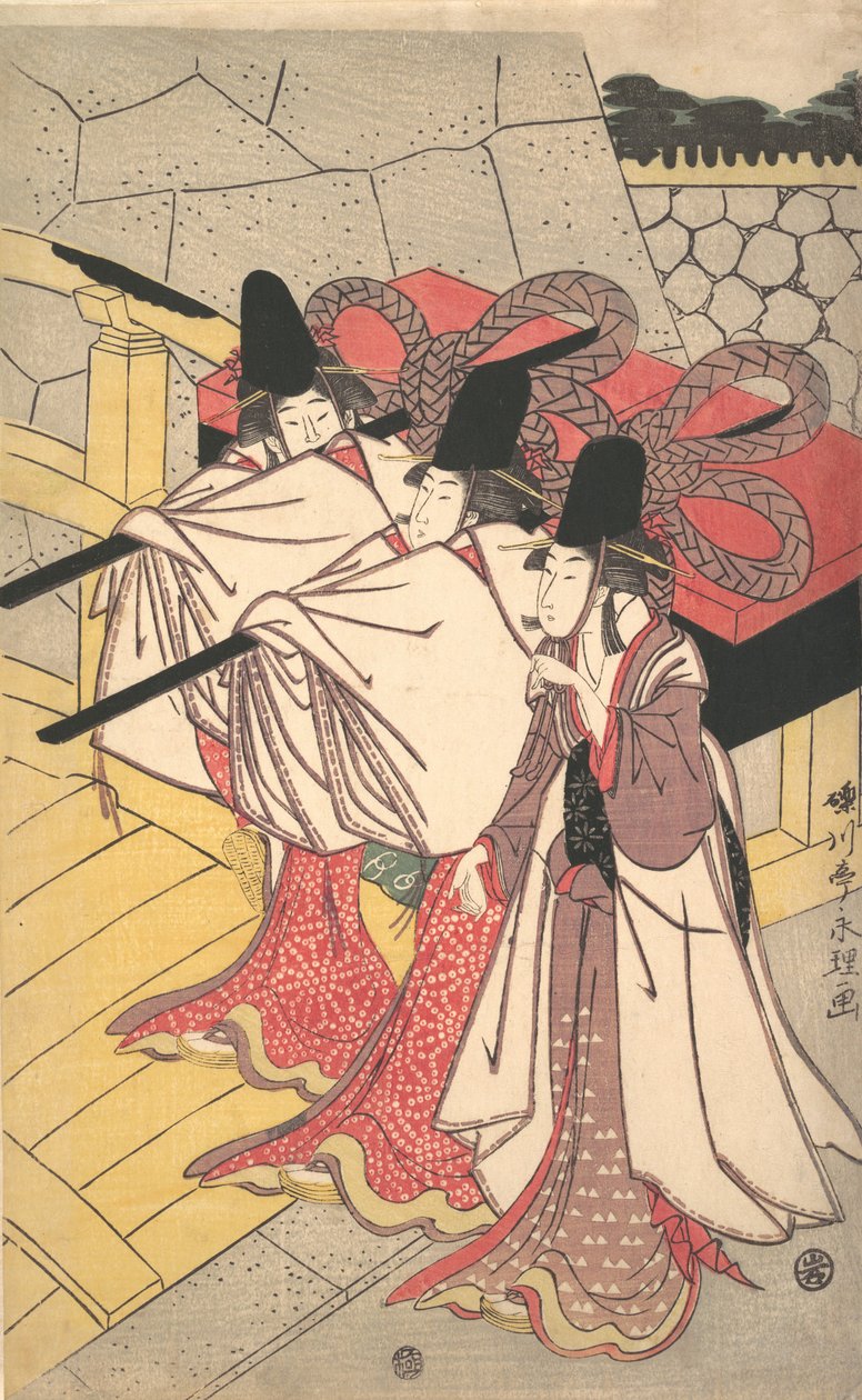 源氏亲王回到他的宫殿，他的妻子在那里等着他，约1797年，约1797年。 作者 朝协斋英理