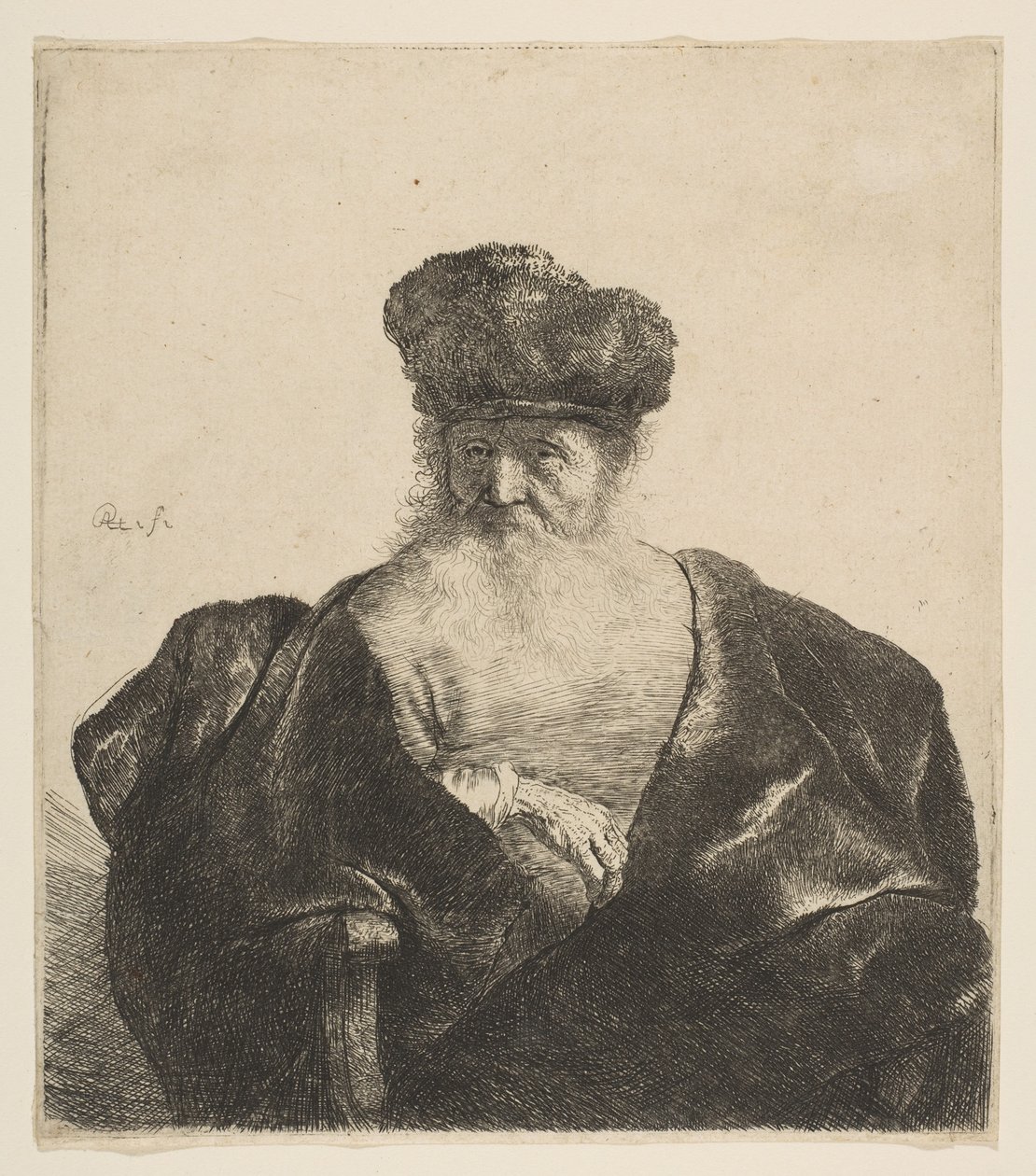 胡子，毛皮帽和天鹅绒斗篷的老头，c.1631 作者 伦勃朗·范·赖恩
