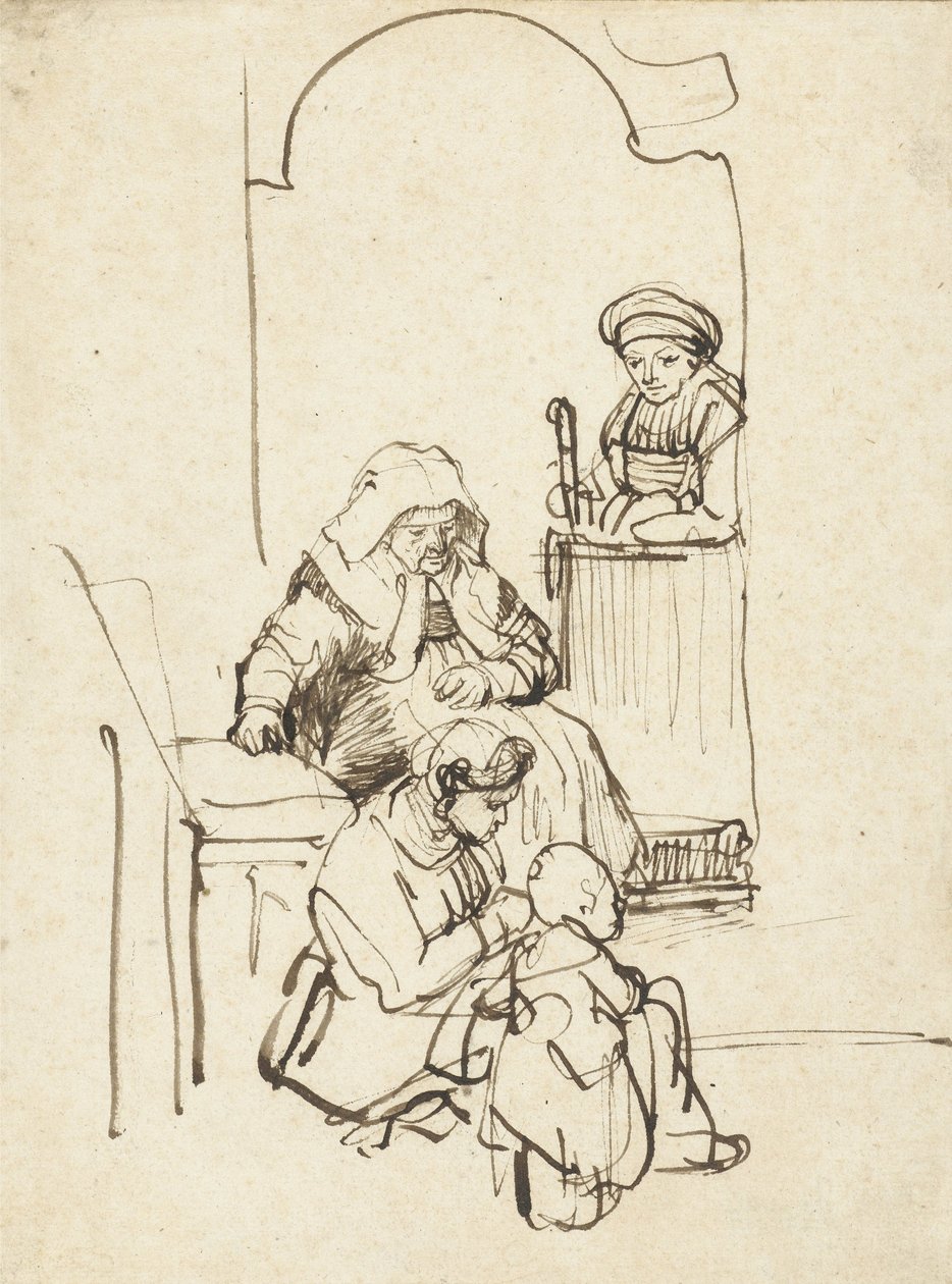 c.1645，三个女人和一个孩子的门 作者 伦勃朗·范·赖恩