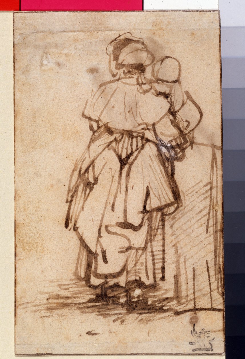 有一个孩子的妇女在她的膝部，c.1640 作者 伦勃朗·范·赖恩