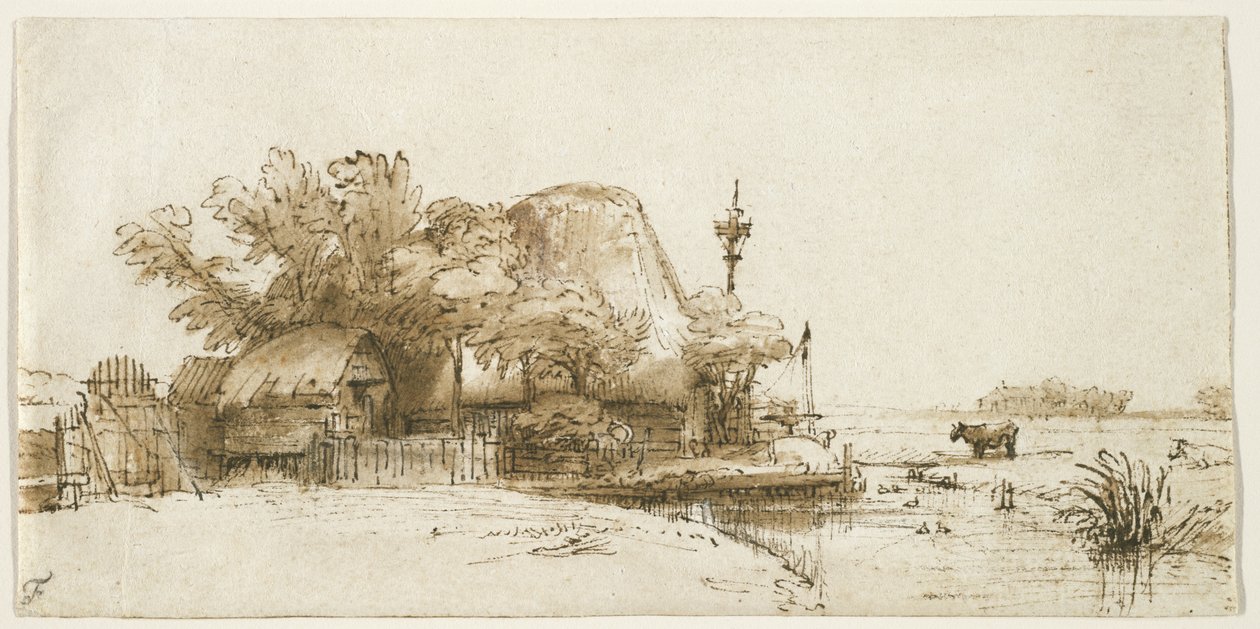Amsteldijk的一个农场，c.1650-52（笔和墨水在纸上洗） 作者 伦勃朗·范·赖恩