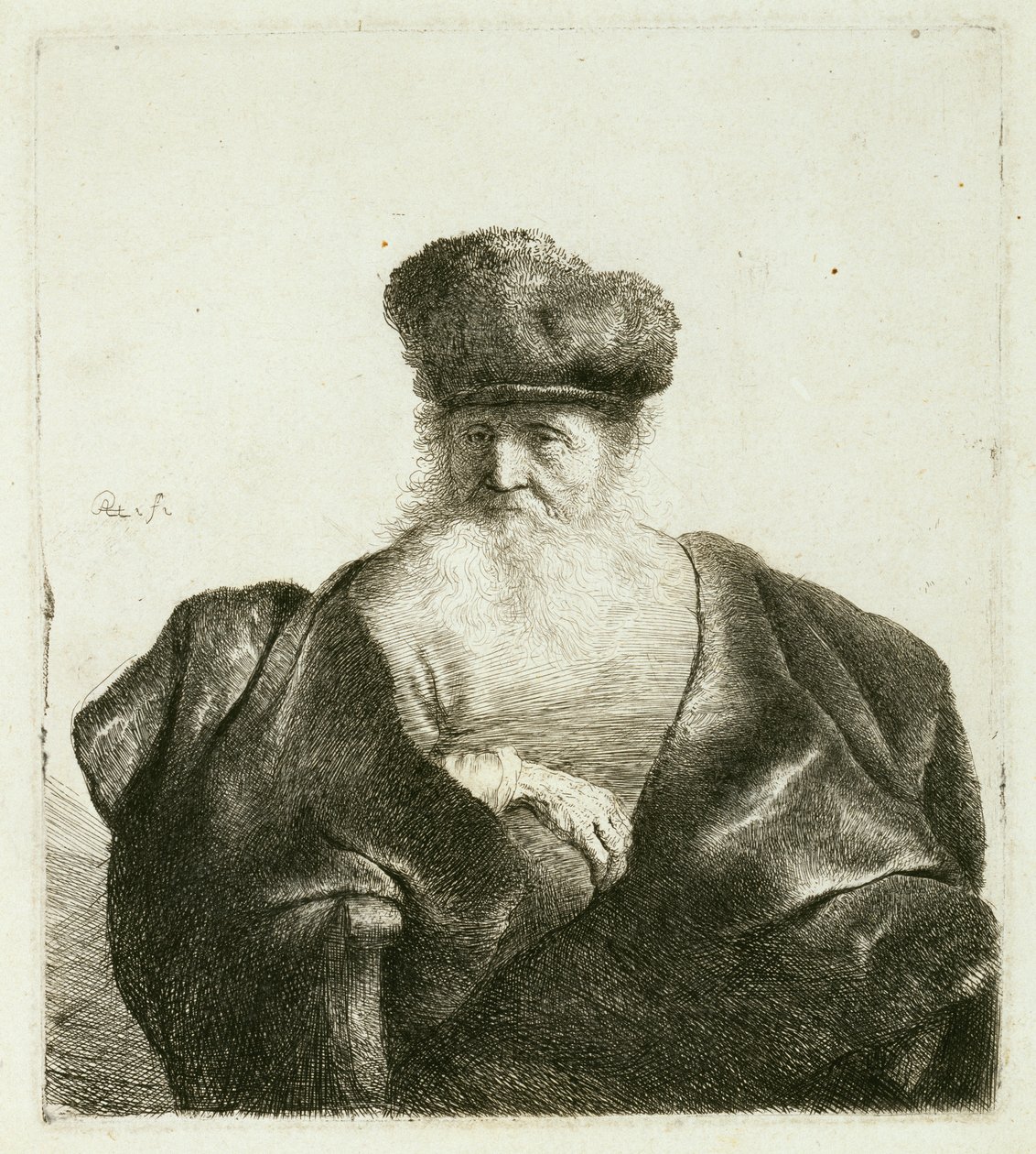一个留着胡子，毛皮帽和天鹅绒披风的老头，c.1632 作者 伦勃朗·范·赖恩