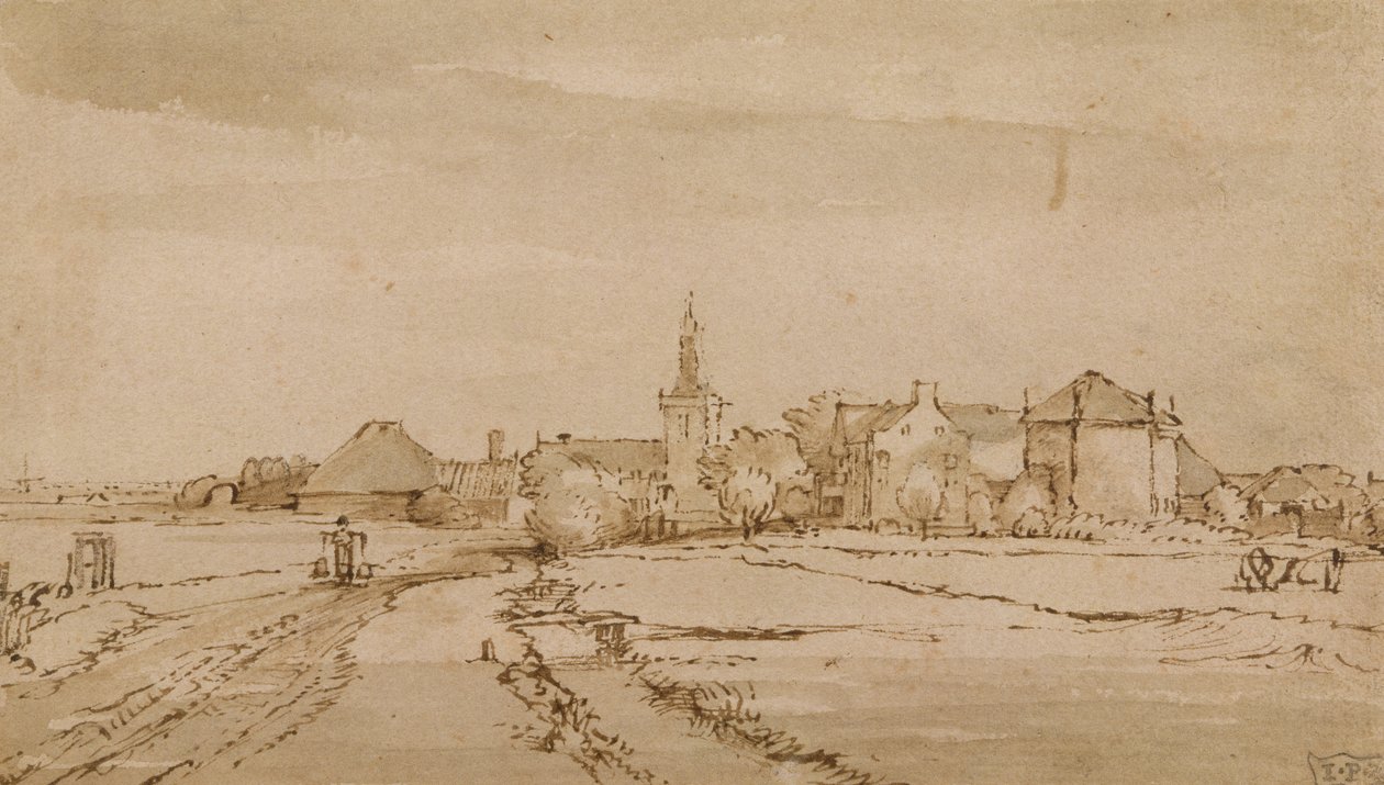 Diemen的视图，c.1650-52（笔，棕色墨水，纸上洗） 作者 伦勃朗·范·赖恩
