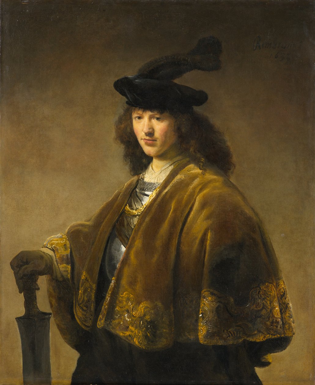 有剑的年轻人，c.1633-1645 作者 伦勃朗·哈门斯（Rembrandt Harmensz）。伦勃朗·哈门斯的范·里恩（van Rijn）圈子。范·赖恩环